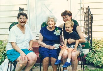 19940910-TheoPankratz-90BD-HeritageFair-Mt-Lake-MN (13) Four generations. Jackie Olson, Theo Pankratz, Lynn (Olson) Munson, Warren Munson.