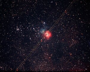 Trifid Nebula There's always something. I managed to get the tracking and focus properly set for this shot of the Trifid Nebula, but sometime during the exposure an airplane...