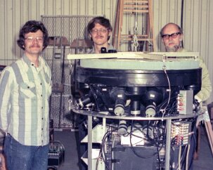 19770500 Balloon Launch T8-05 Cosmic ray instrument package with graduate students Chuck Gilman, Bob Scarlett, and principal investigator Dr. C J Waddington (not pictured: co-PI Phyllis...
