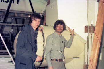 19770500 Balloon Launch T9-07 Standing next to the enclosed instrument, installing styrofoam insulation. I'm holding a hot-wire cutter to trim the blocks as needed to fit. I was celebrated...