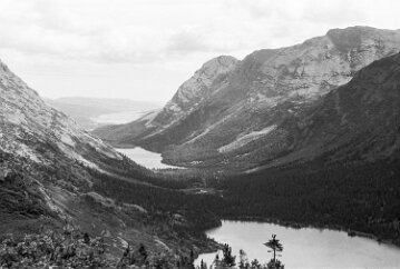 19700800-GrinnellGlacierHike-1 The beautiful view down the glacial valley containing lakes Josephine, and Swifrtcurrent.
