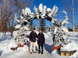 IMG_3565 The gateway to the Golden Heart Plaza park was reminiscent of the elk horn arches found at city center in Jackson Hole WY.